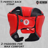 Red Rewon karate helmet with perfect back strap and padding for max comfort, ideal for boxing and MMA training.